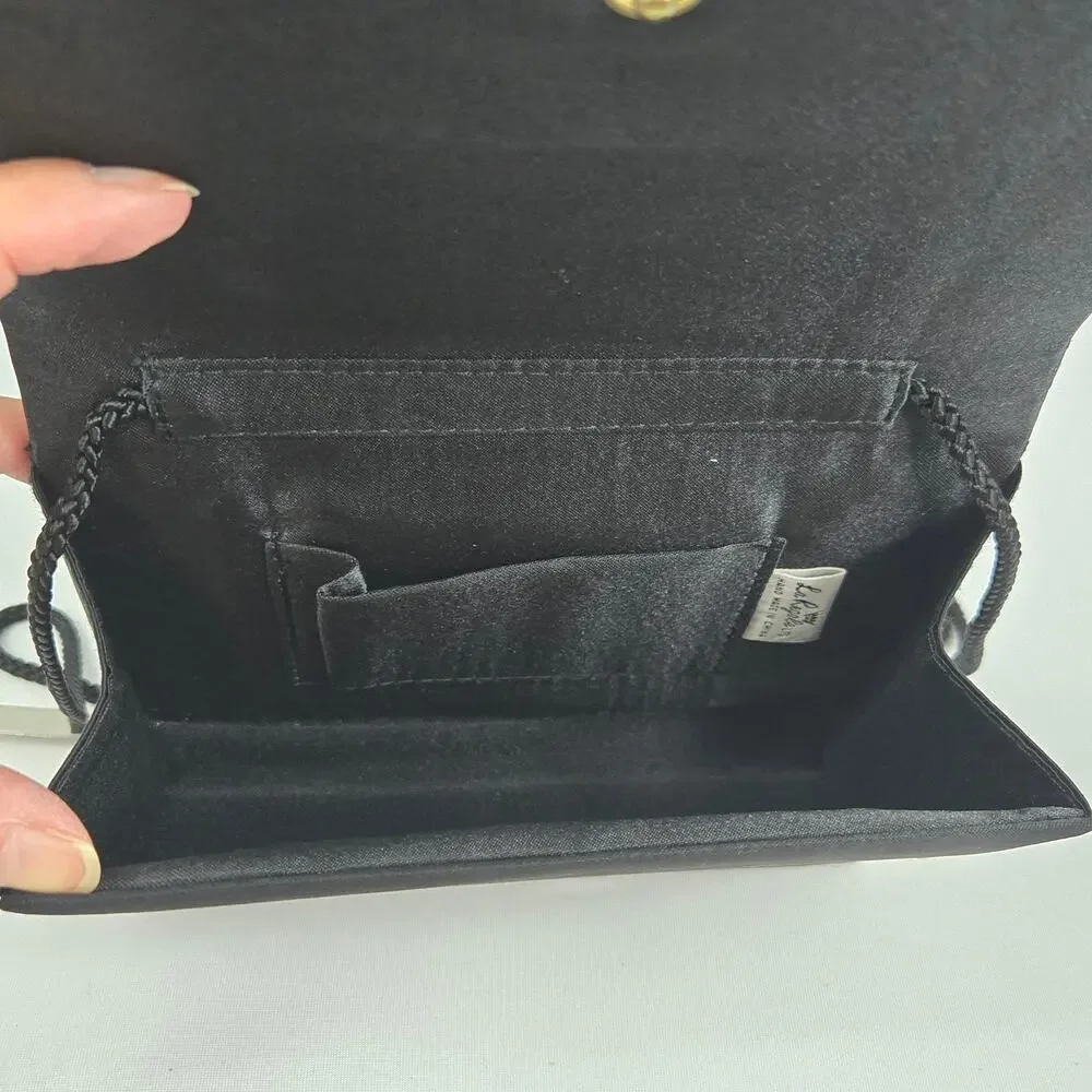 Black Beaded & Satin Square Snap Closure Clutch Purse with Corded Shoulder Strap
